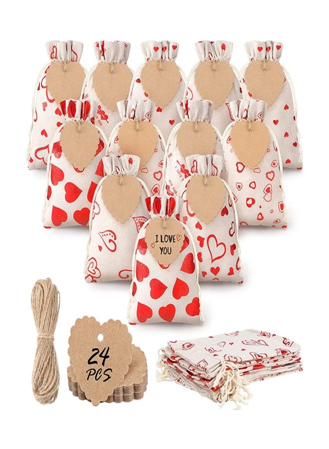 HIPIHOM Valentine's Day Burlap Bags, 24Pcs Heart Burlap Gift Bags with Drawstring and Gift Tags, Organza Bags for Valentine's day Wedding Birthday Anniversary Party Favors Adults, 6 Style 5x7in - Image 1